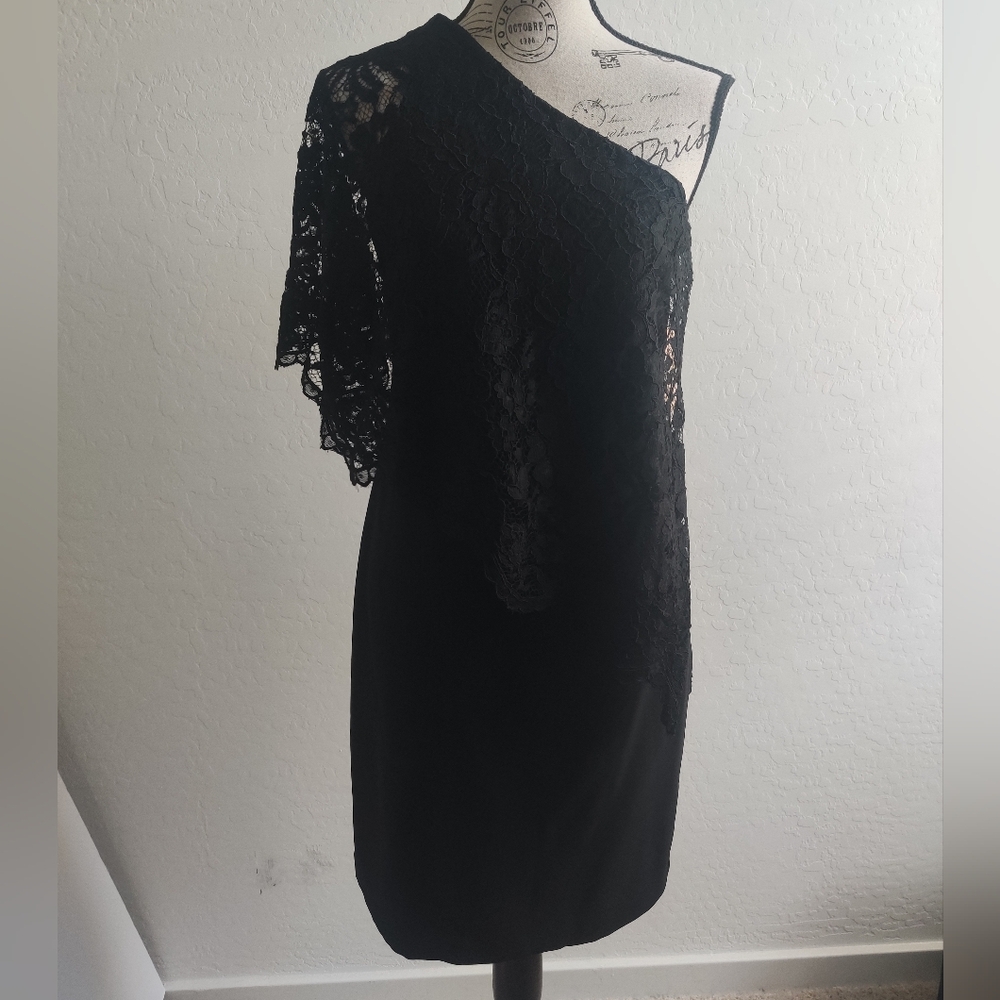 🆕 Nanette Lepore asymmetric Black lace one shoulder Whimsigoth midi dress_2